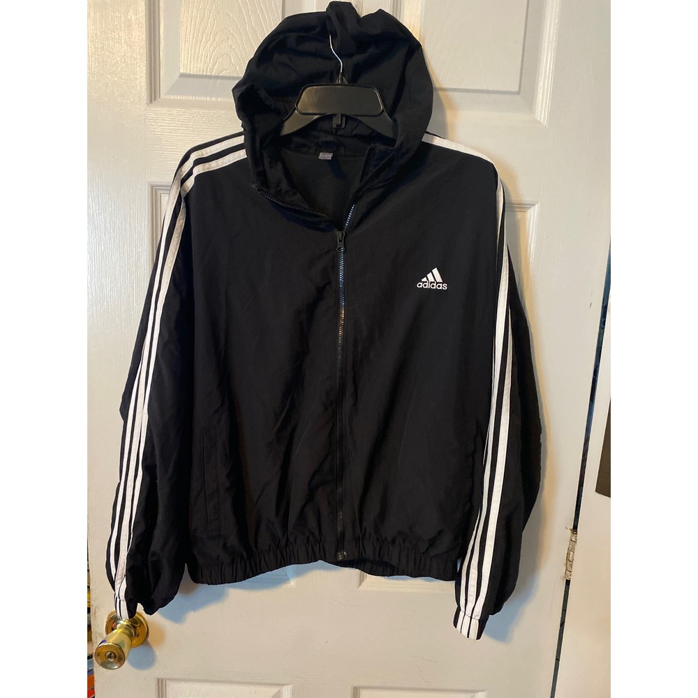Adidas Womens XL Black Windbreaker Full Zip Hooded Mesh Lined Jacket 3 Stripe